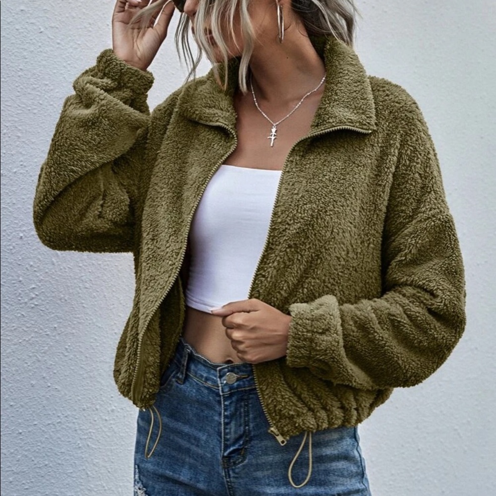 Zip up teddy jacket cinch waist hem gray faux fur - Picture 3 of 6
